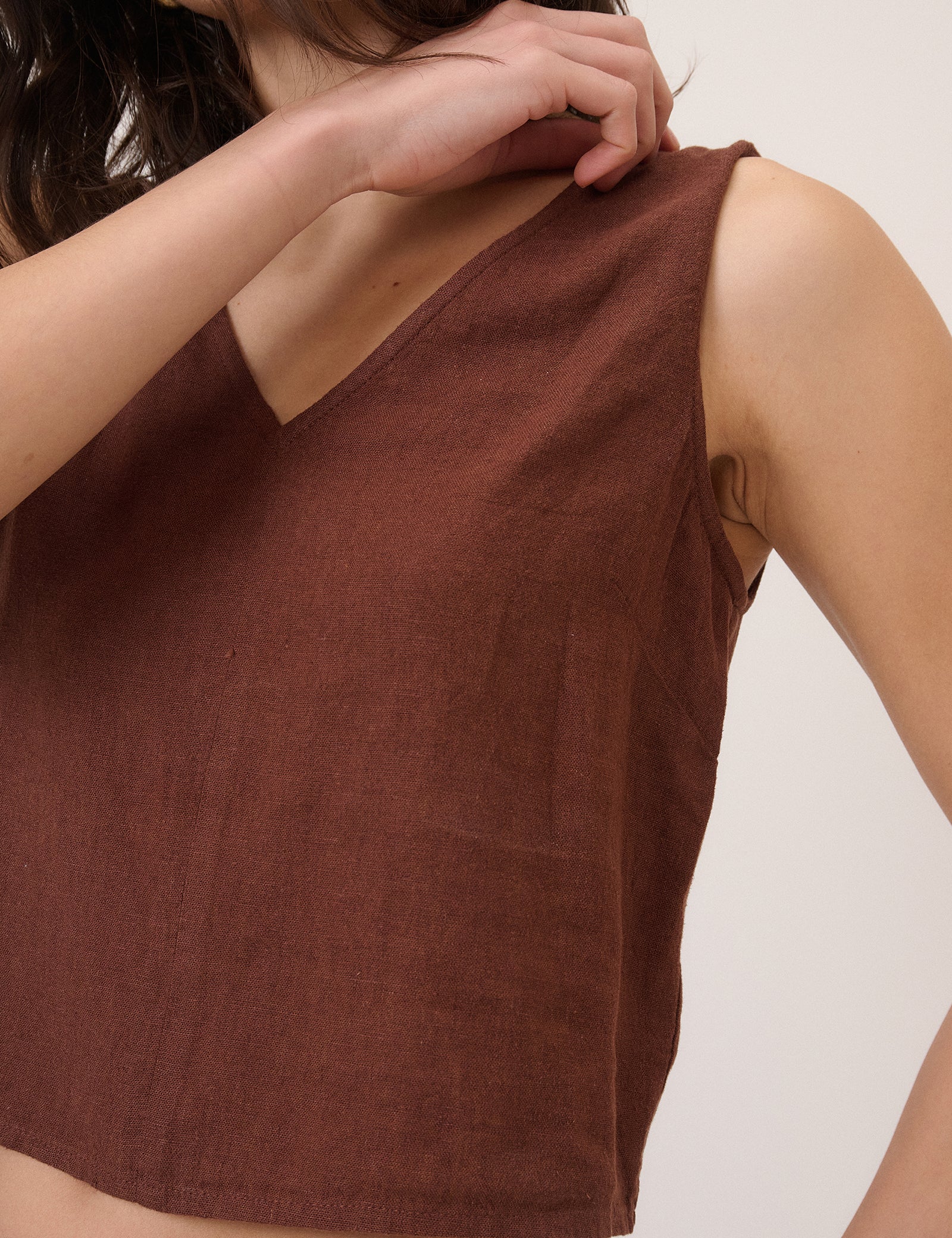Brown Linen-Blend Swing Top