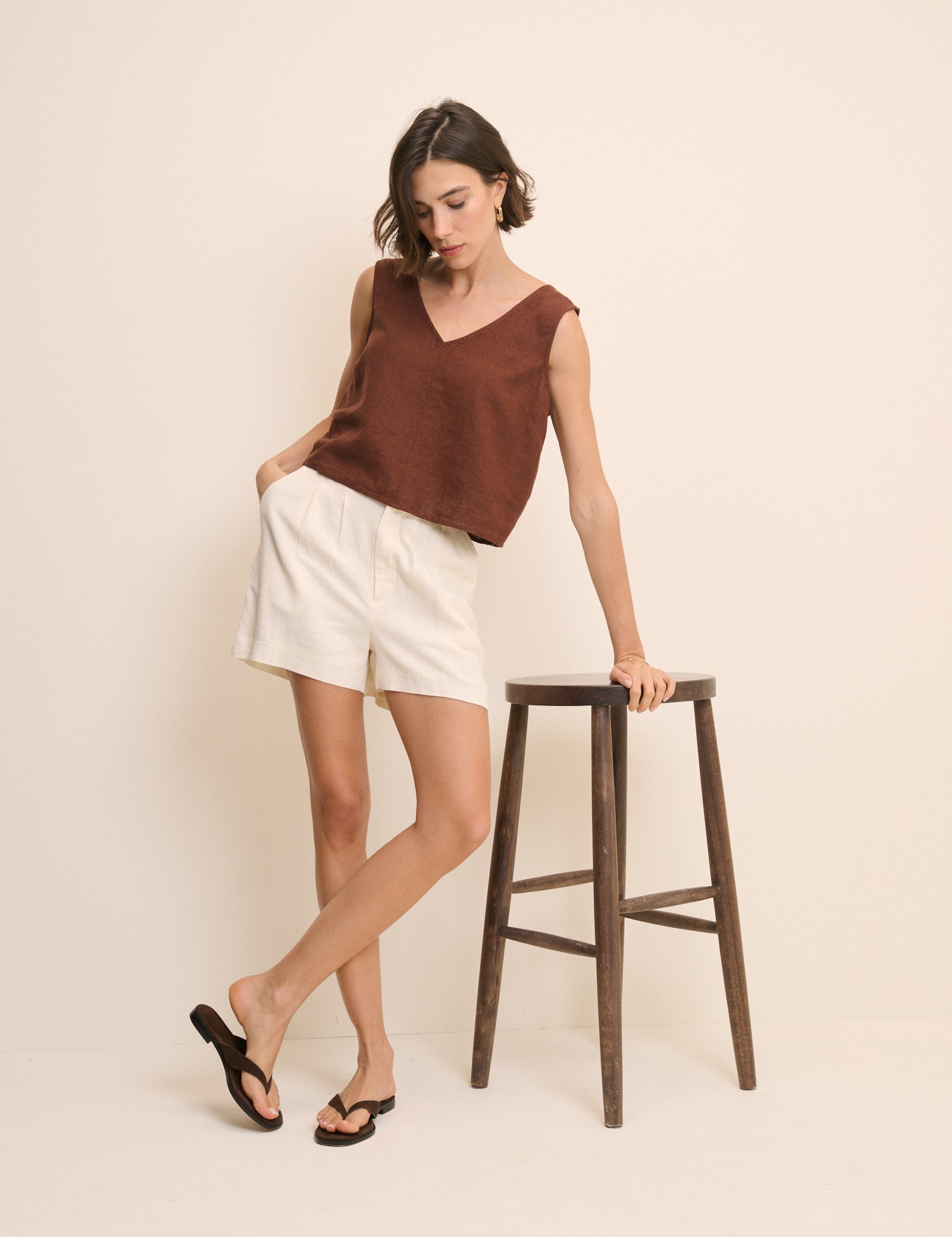 Brown Linen-Blend Swing Top
