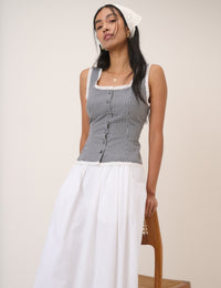 Black Gingham Lace Trim Button Down Top