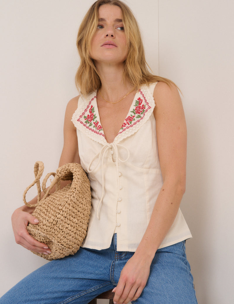 White Floral Collared Waistcoat