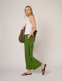 Green Linen-Blend Low Waisted Trousers