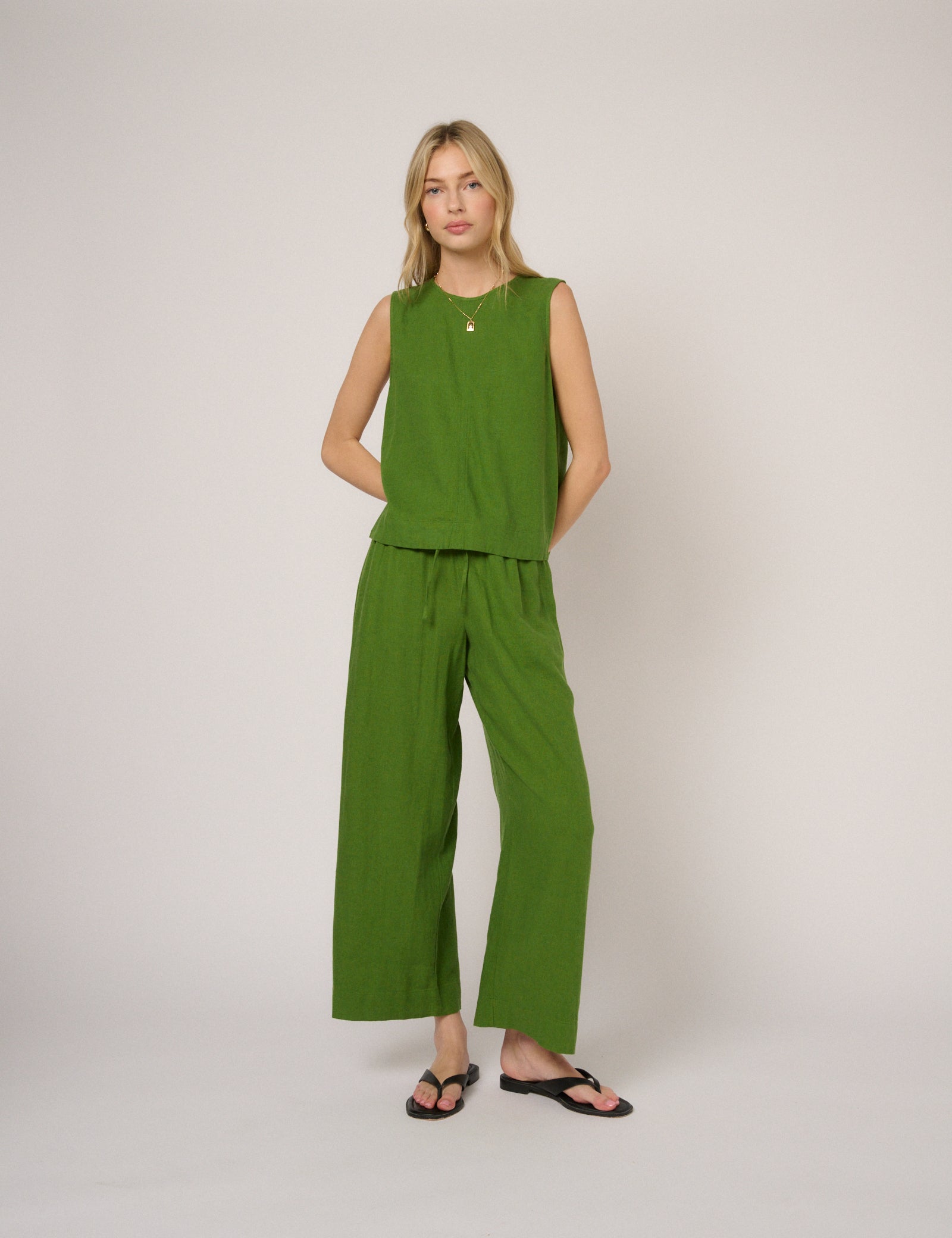 Green Linen-Blend Low Waisted Trousers