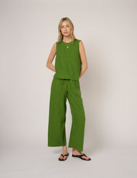 Green Linen-Blend Low Waisted Trousers