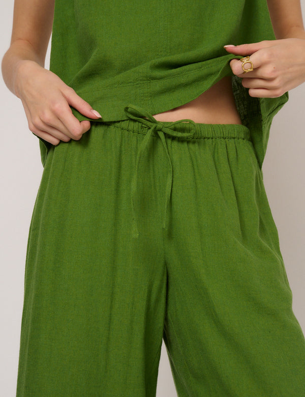 Green Linen-Blend Low Waisted Trousers