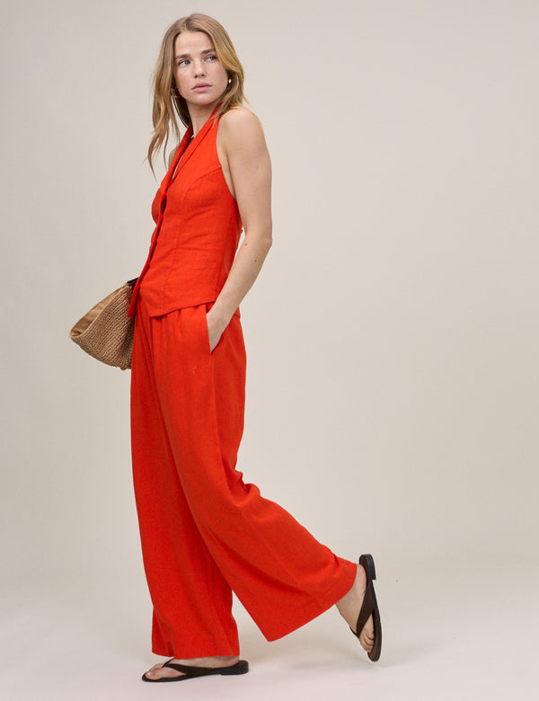 Orange Linen-Blend Low Waisted Straight Leg Trousers