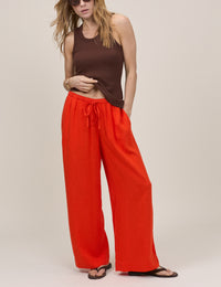 Orange Linen-Blend Low Waisted Straight Leg Trousers