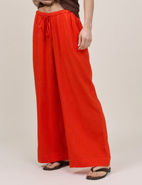 Orange Linen-Blend Low Waisted Straight Leg Trousers