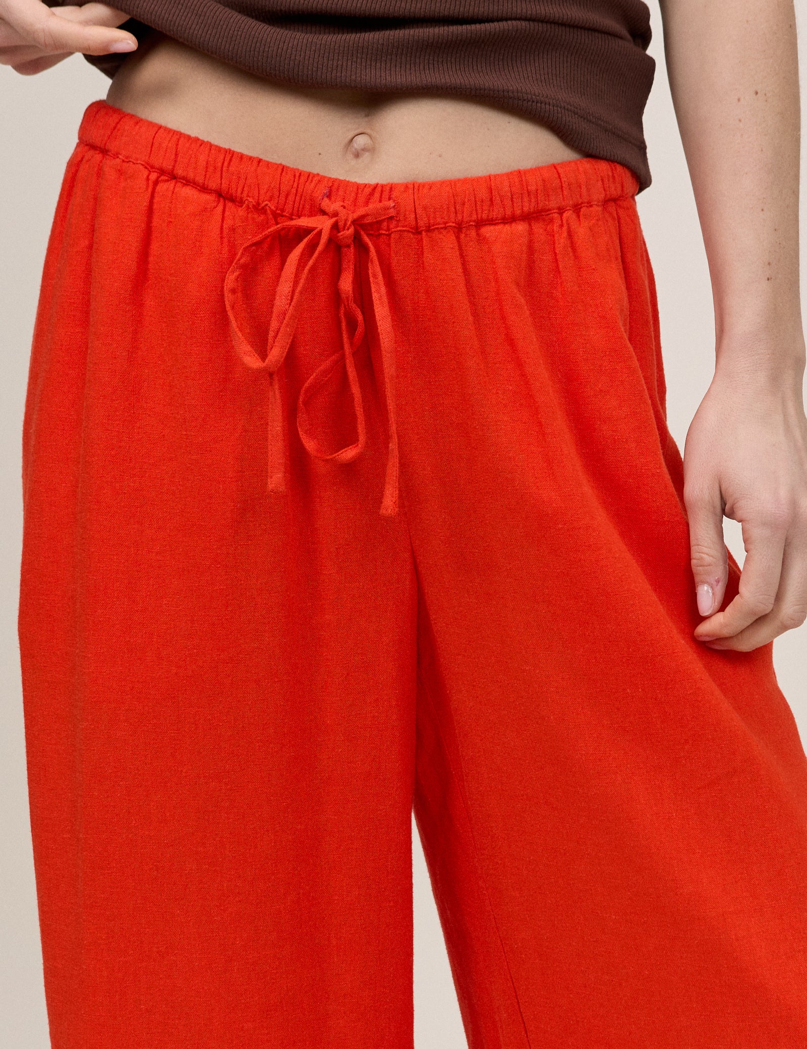 Orange Linen-Blend Low Waisted Straight Leg Trousers