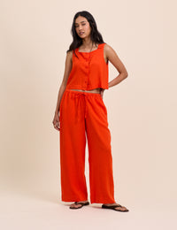 Orange Linen-Blend Low Waisted Straight Leg Trousers