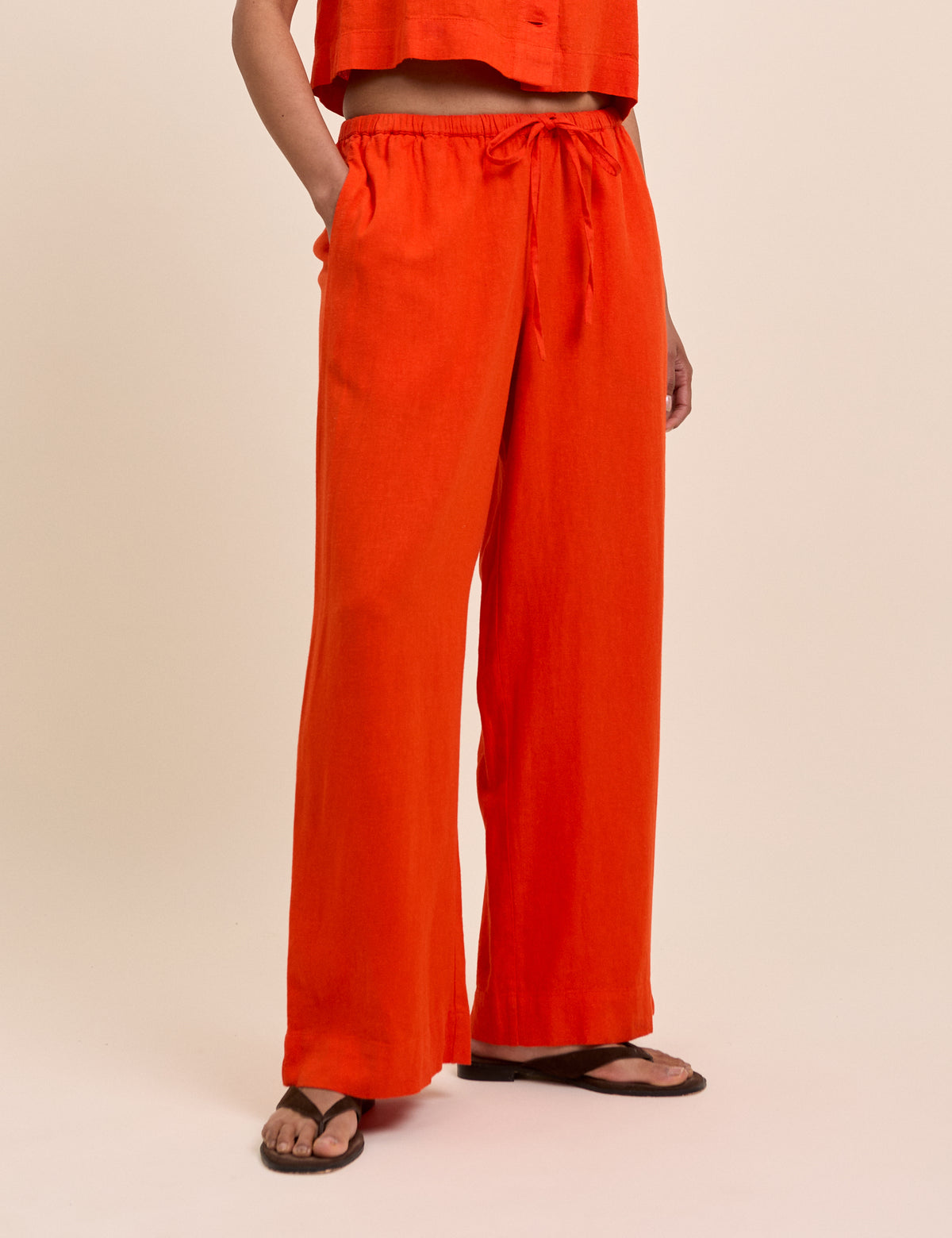 Orange Linen-Blend Low Waisted Straight Leg Trousers
