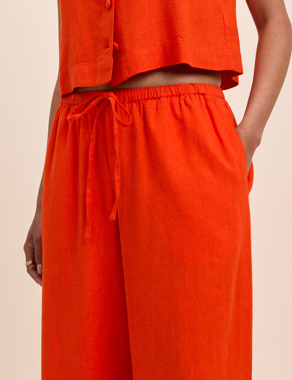 Orange Linen-Blend Low Waisted Straight Leg Trousers