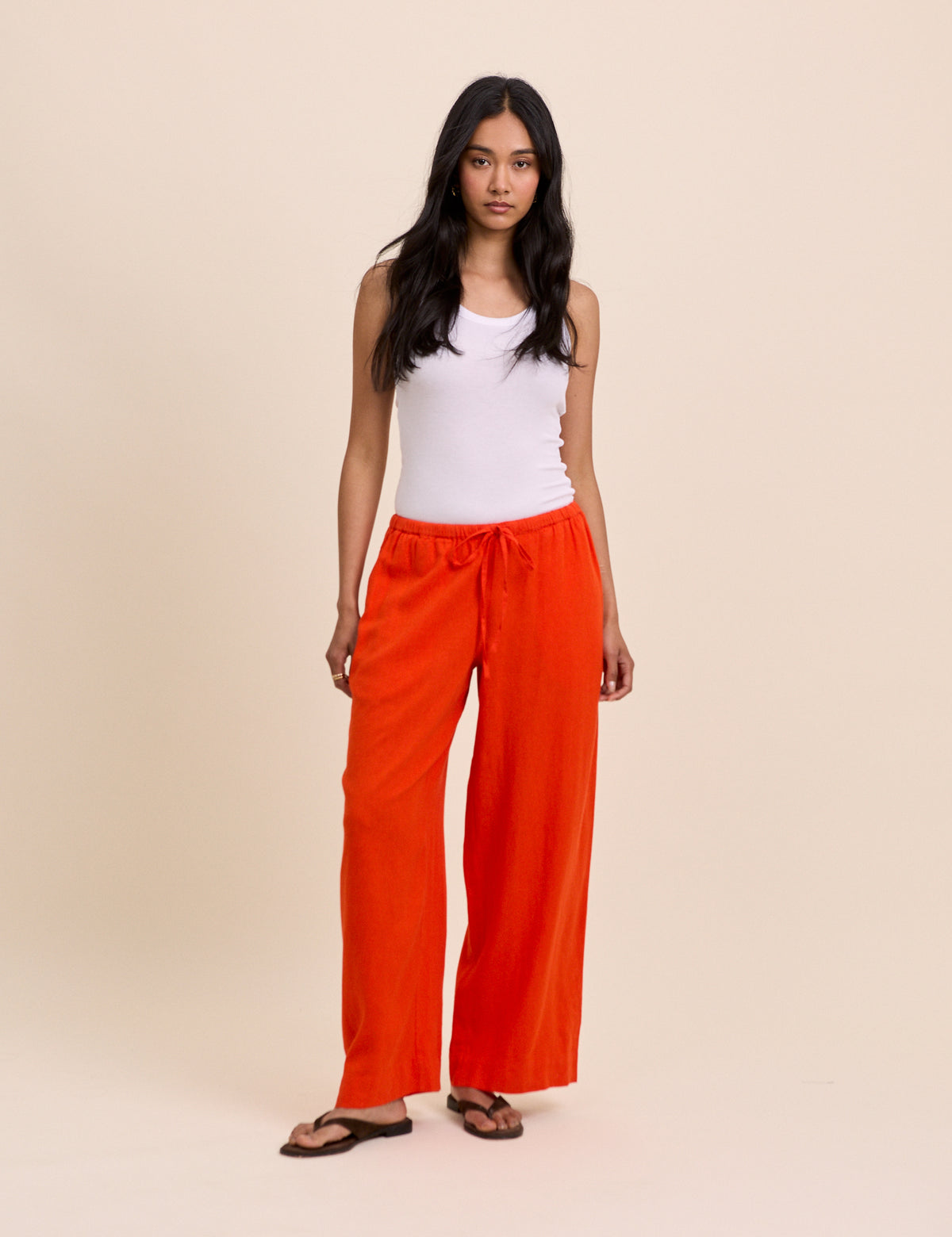 Orange Linen-Blend Low Waisted Straight Leg Trousers
