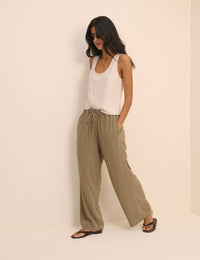 Khaki Linen-Blend Low Waisted Straight Leg Trousers