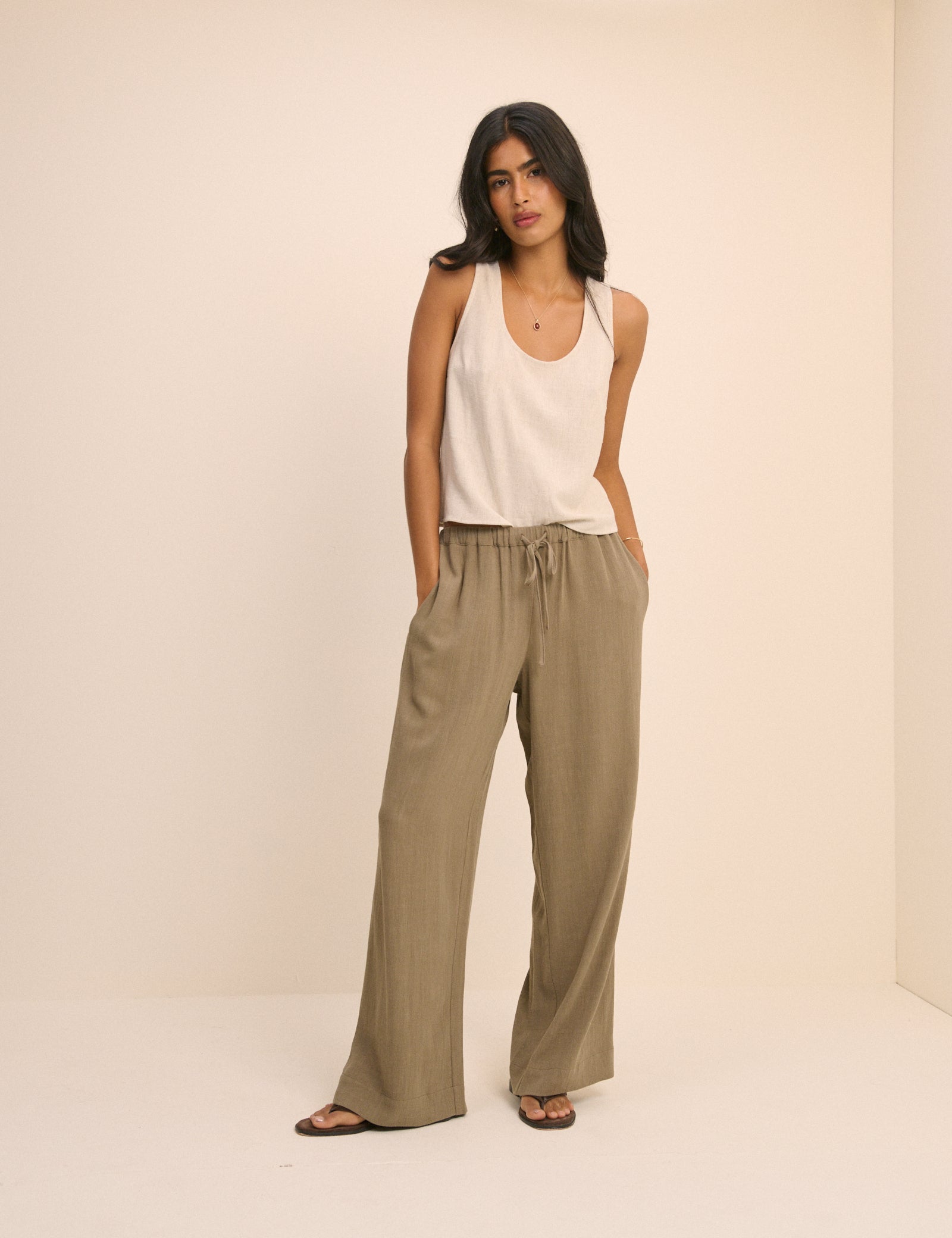 Khaki Linen-Blend Low Waisted Straight Leg Trousers