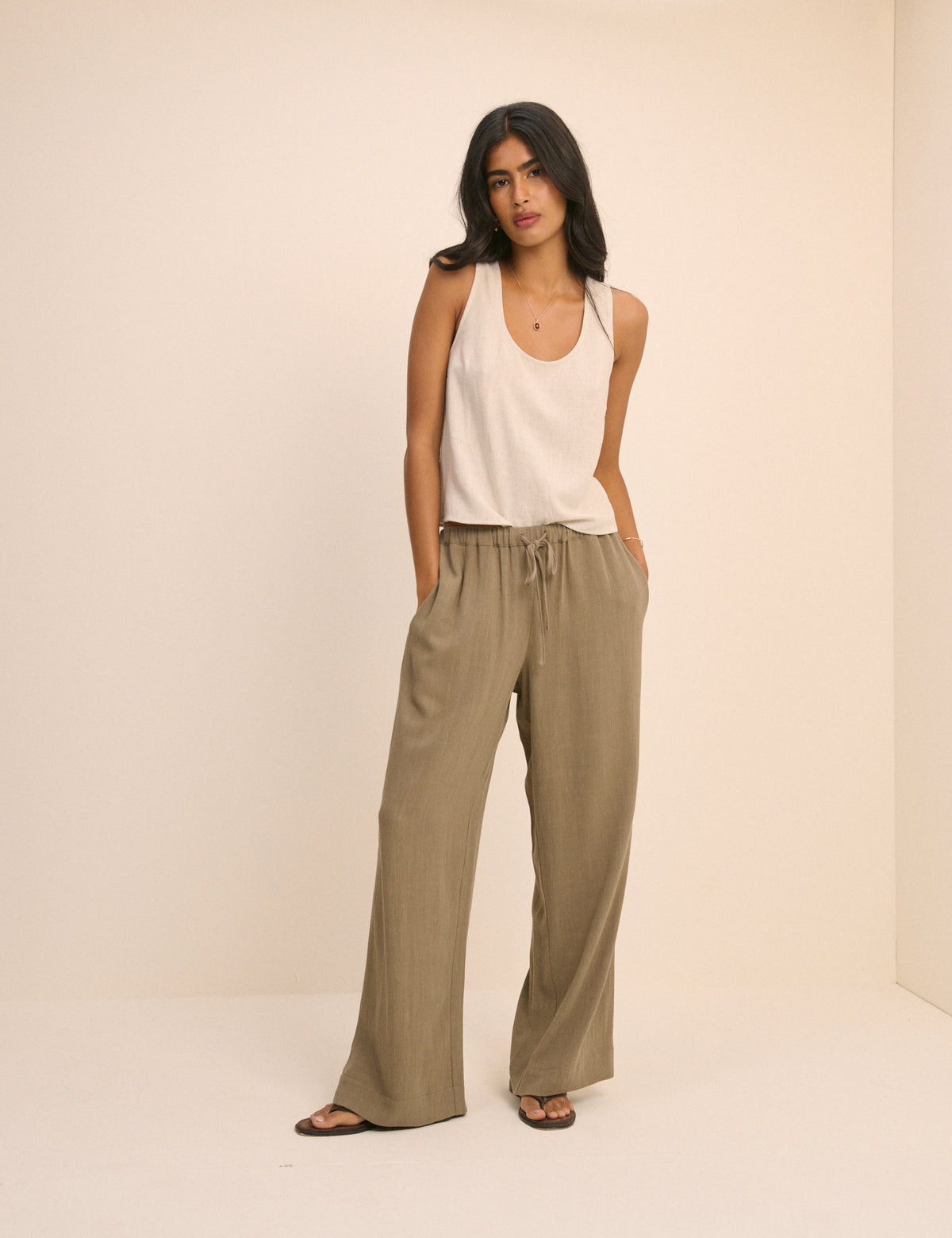 Khaki Linen-Blend Low Waisted Straight Leg Trousers