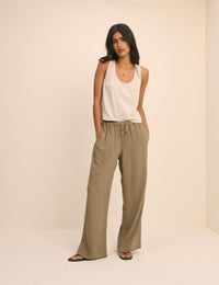 Khaki Linen-Blend Low Waisted Straight Leg Trousers