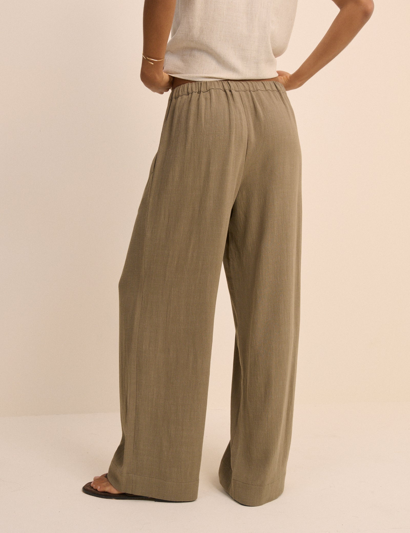 Khaki Linen-Blend Low Waisted Straight Leg Trousers