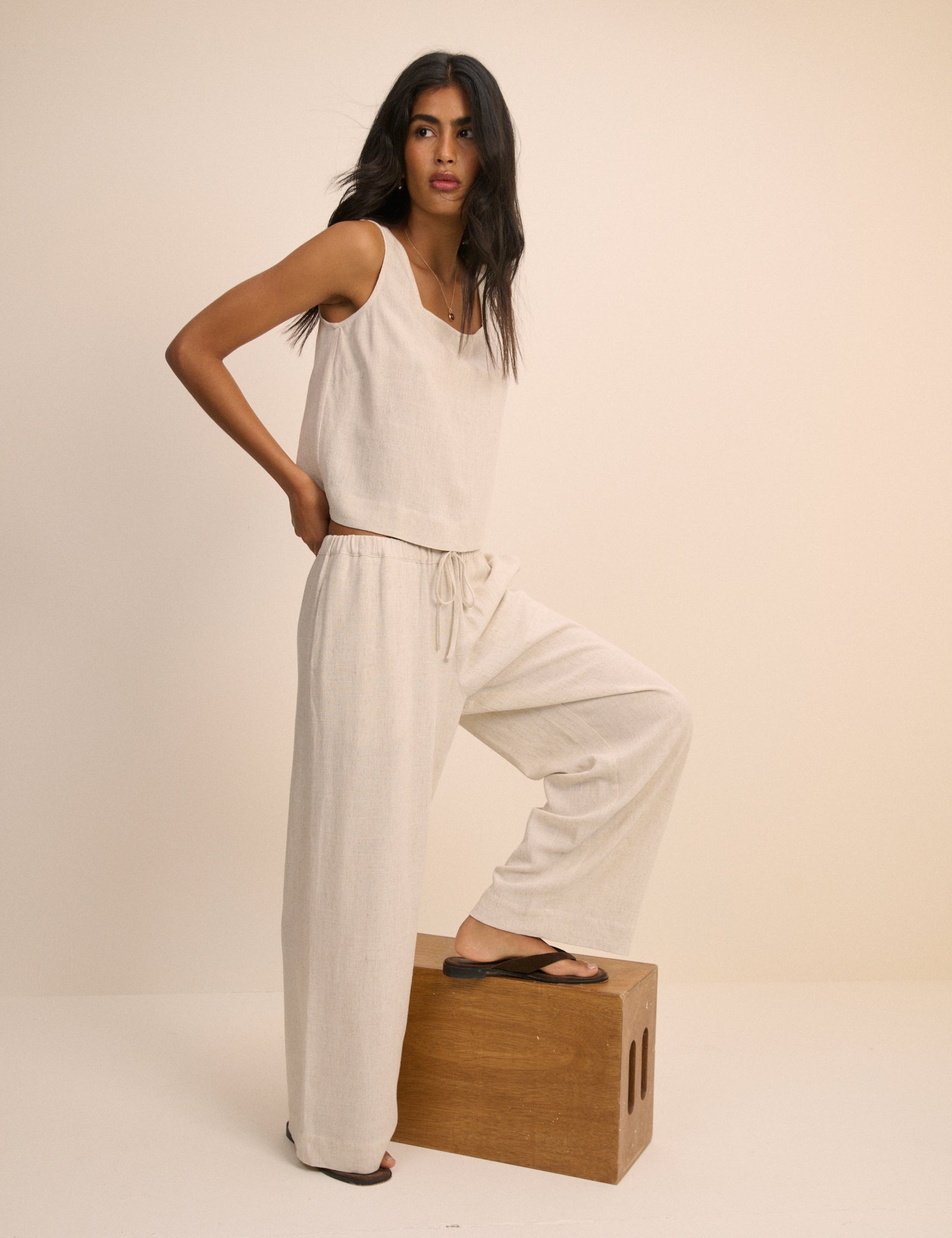 Cream Linen-Blend Low Waisted Straight Leg Trousers