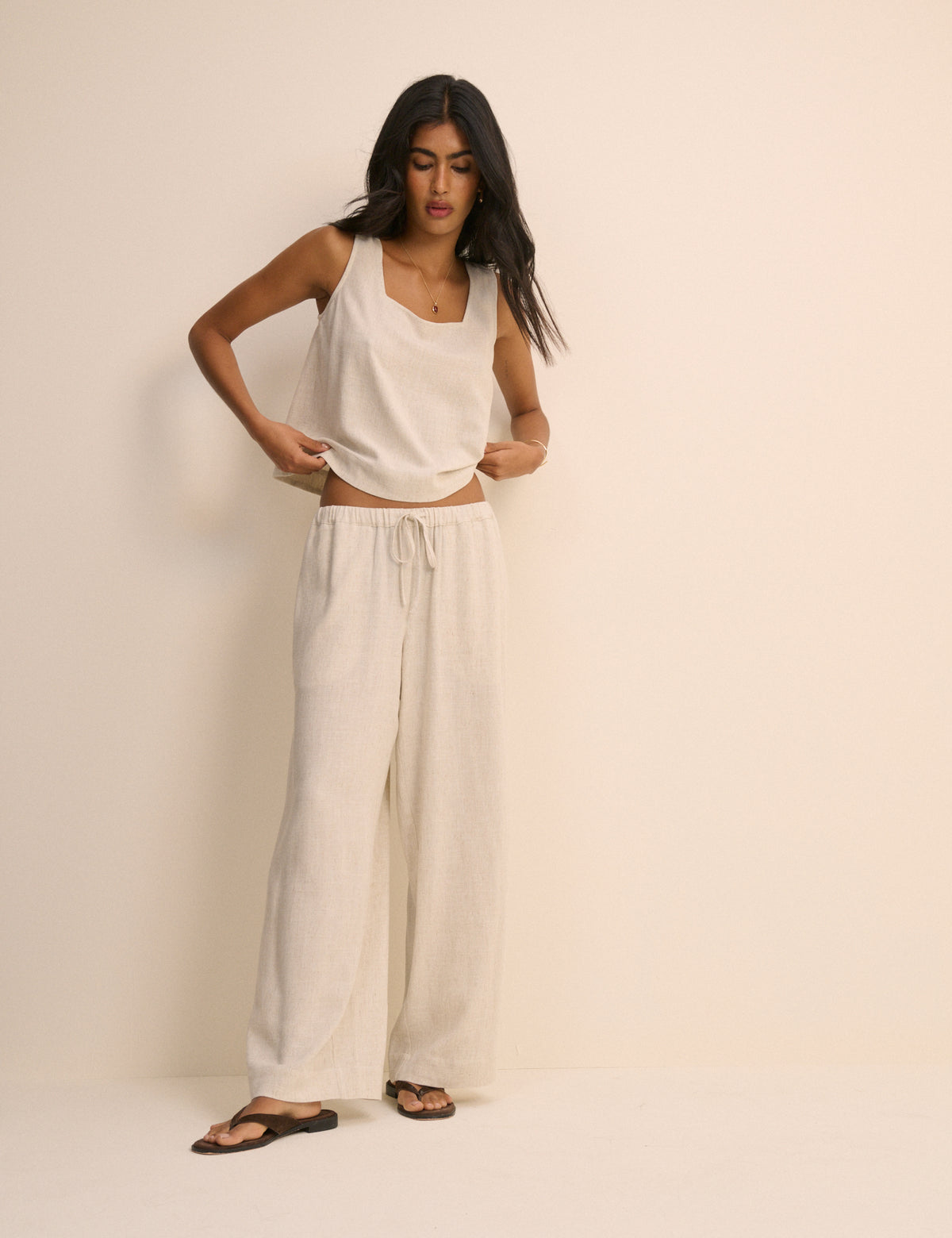 Cream Linen-Blend Low Waisted Straight Leg Trousers