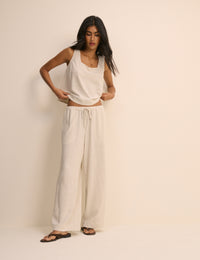 Cream Linen-Blend Low Waisted Straight Leg Trousers
