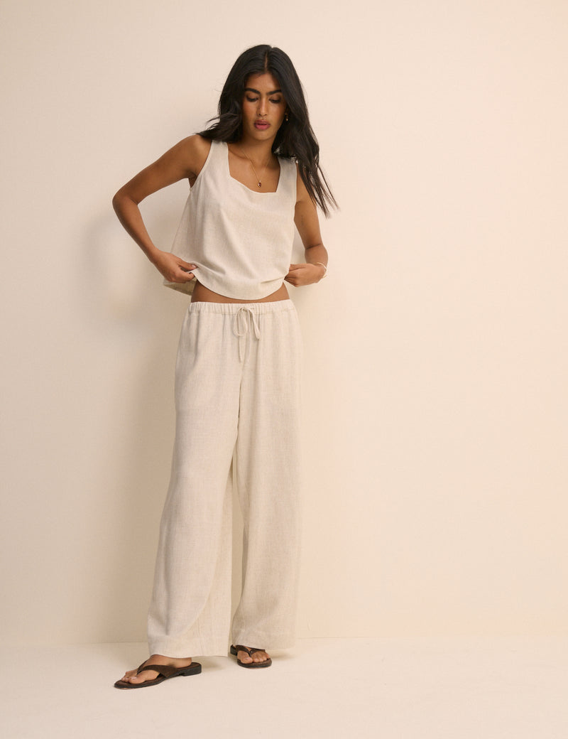 Cream Linen-Blend Low Waisted Straight Leg Trousers