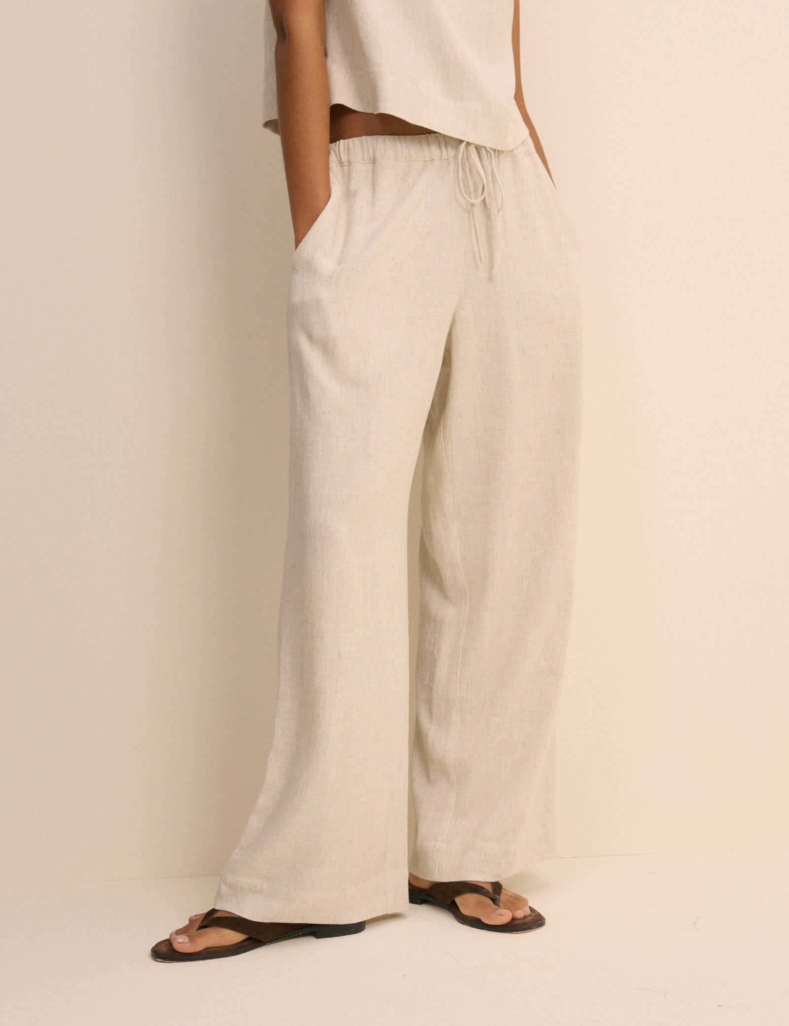 Cream Linen-Blend Low Waisted Straight Leg Trousers