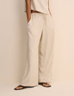 Cream Linen-Blend Low Waisted Straight Leg Trousers