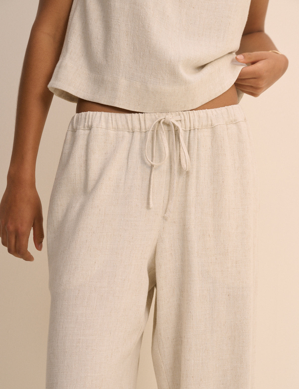 Cream Linen-Blend Low Waisted Straight Leg Trousers