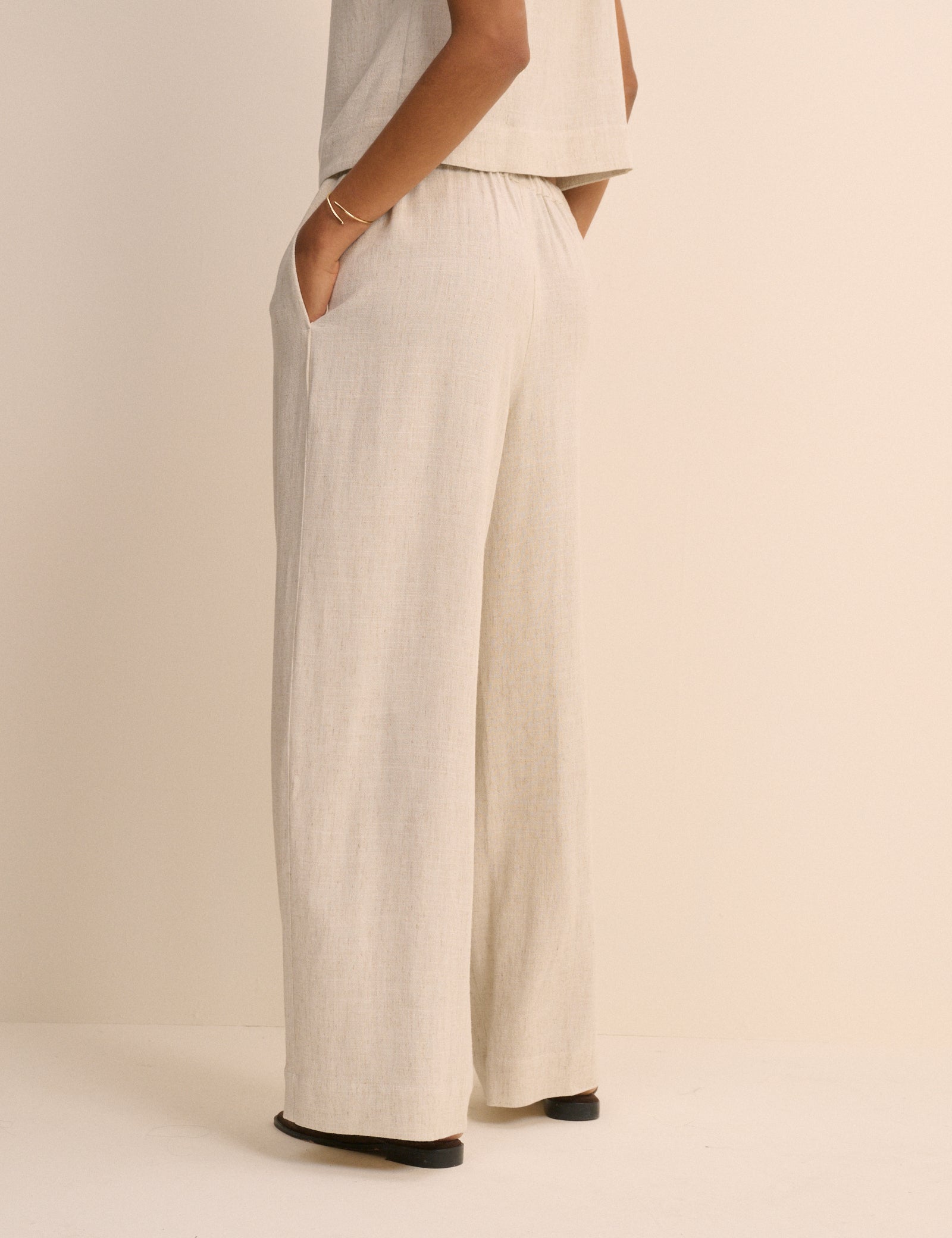 Cream Linen-Blend Low Waisted Straight Leg Trousers