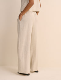 Cream Linen-Blend Low Waisted Straight Leg Trousers