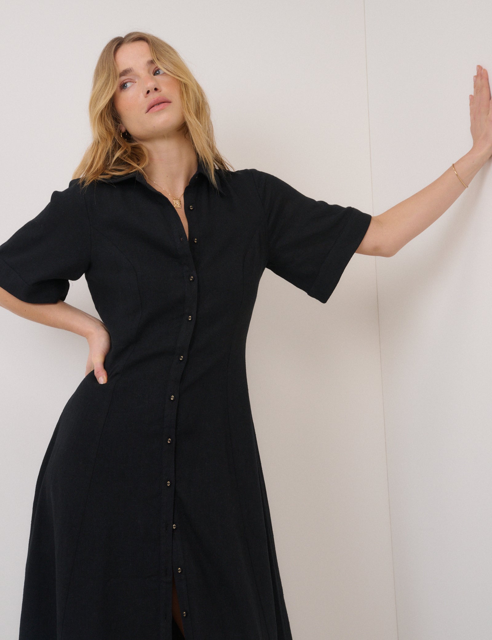 Black Short Sleeve Linen-Blend Dillon Shirt Dress Black Short Sleeve Linen-Blend Dillon Shirt Dress