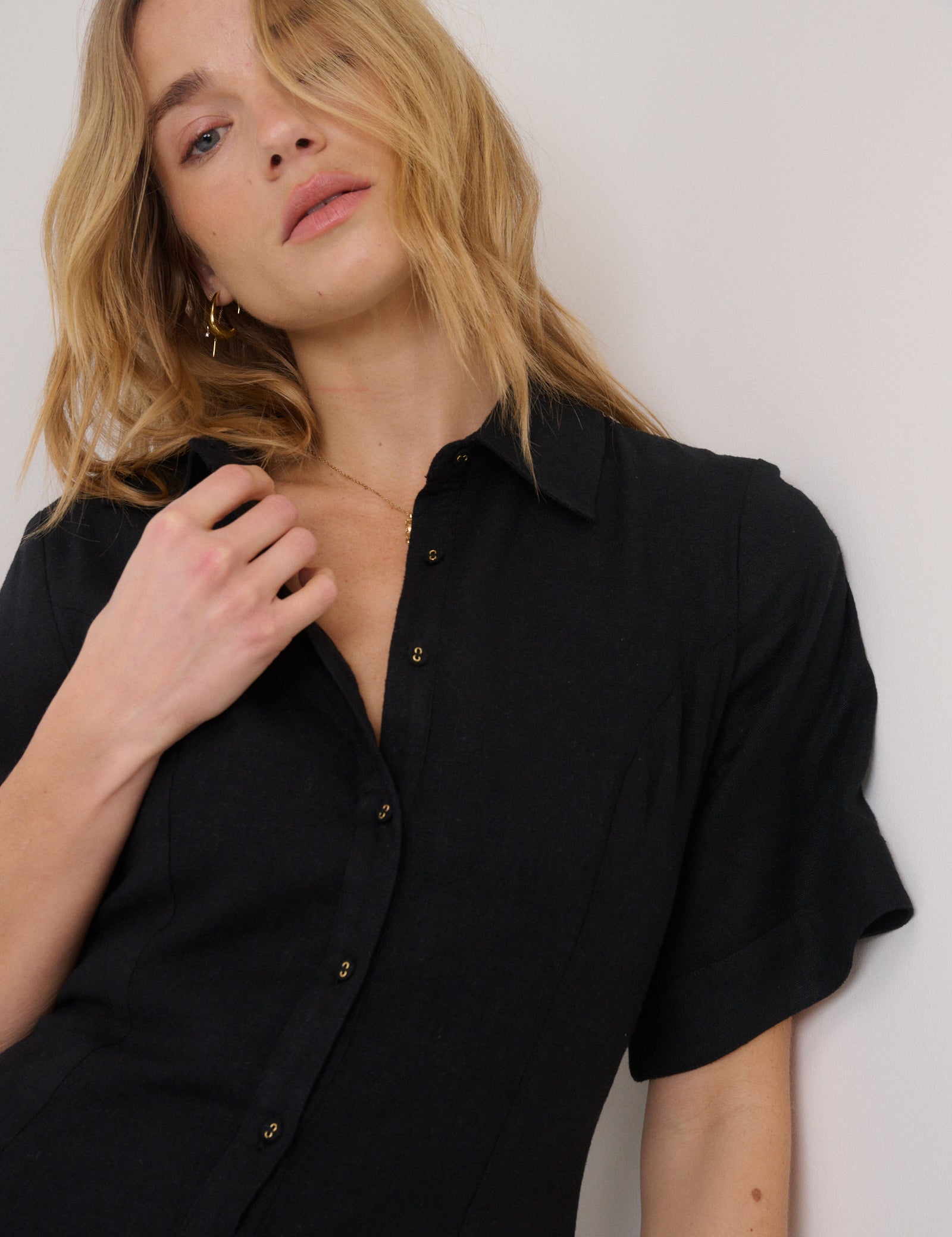 Black Short Sleeve Linen-Blend Dillon Shirt Dress Black Short Sleeve Linen-Blend Dillon Shirt Dress