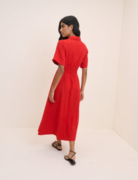 Red Linen-Blend Dillon Shirt Dress