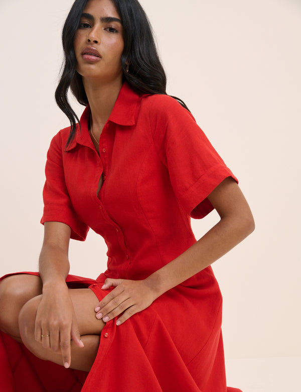 Red Linen-Blend Dillon Shirt Dress