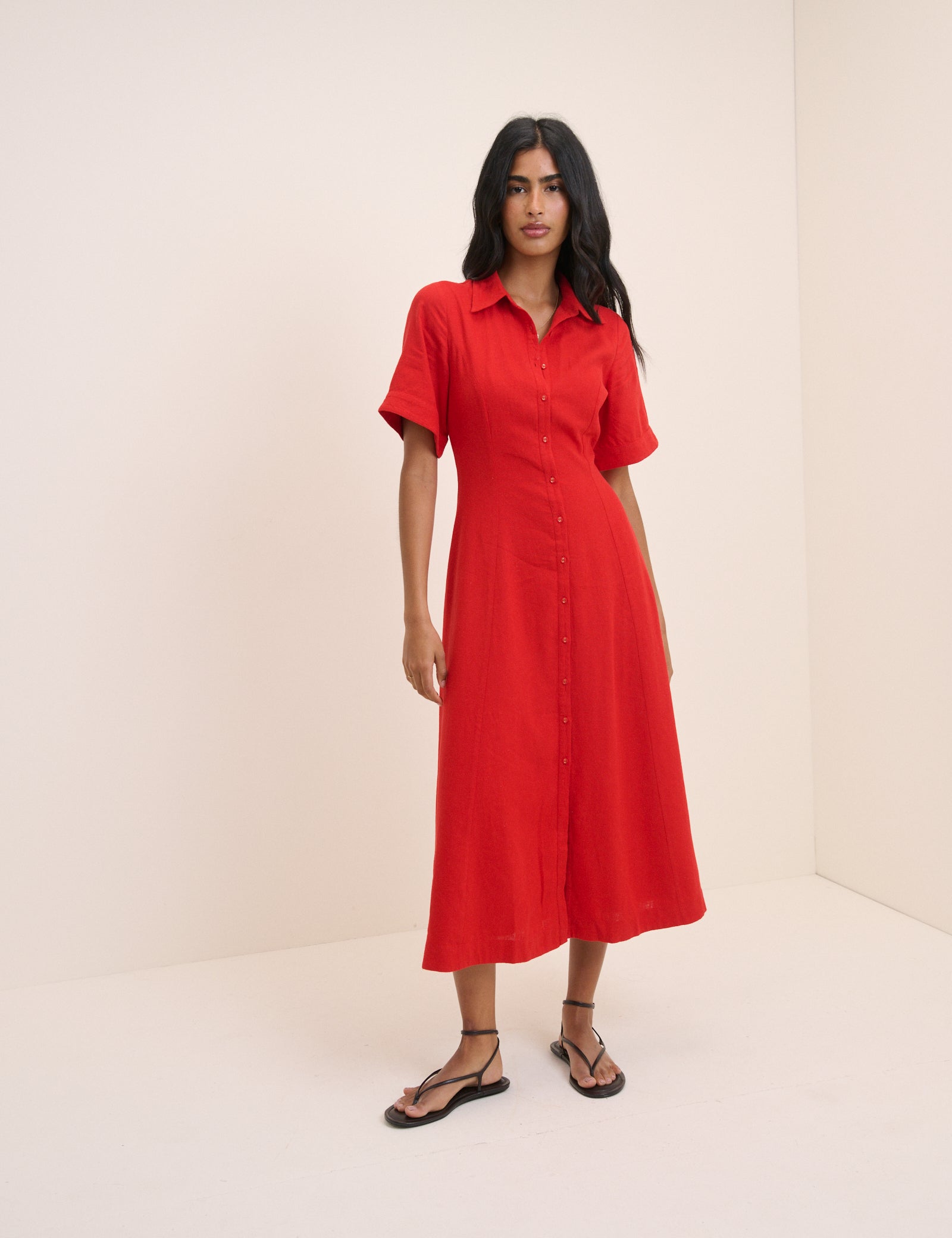 Red Linen-Blend Dillon Shirt Dress