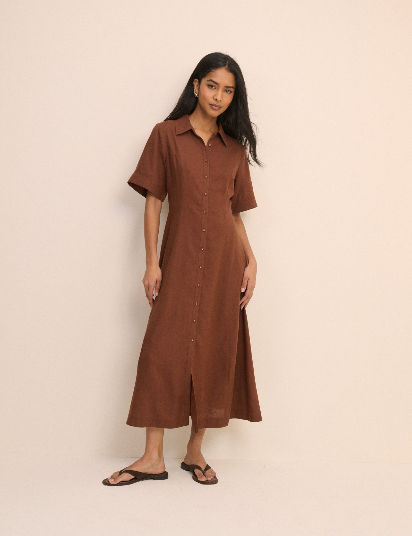 Brown Short Sleeve Linen-Blend Dillon Shirt Dress