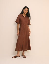Brown Short Sleeve Linen-Blend Dillon Shirt Dress