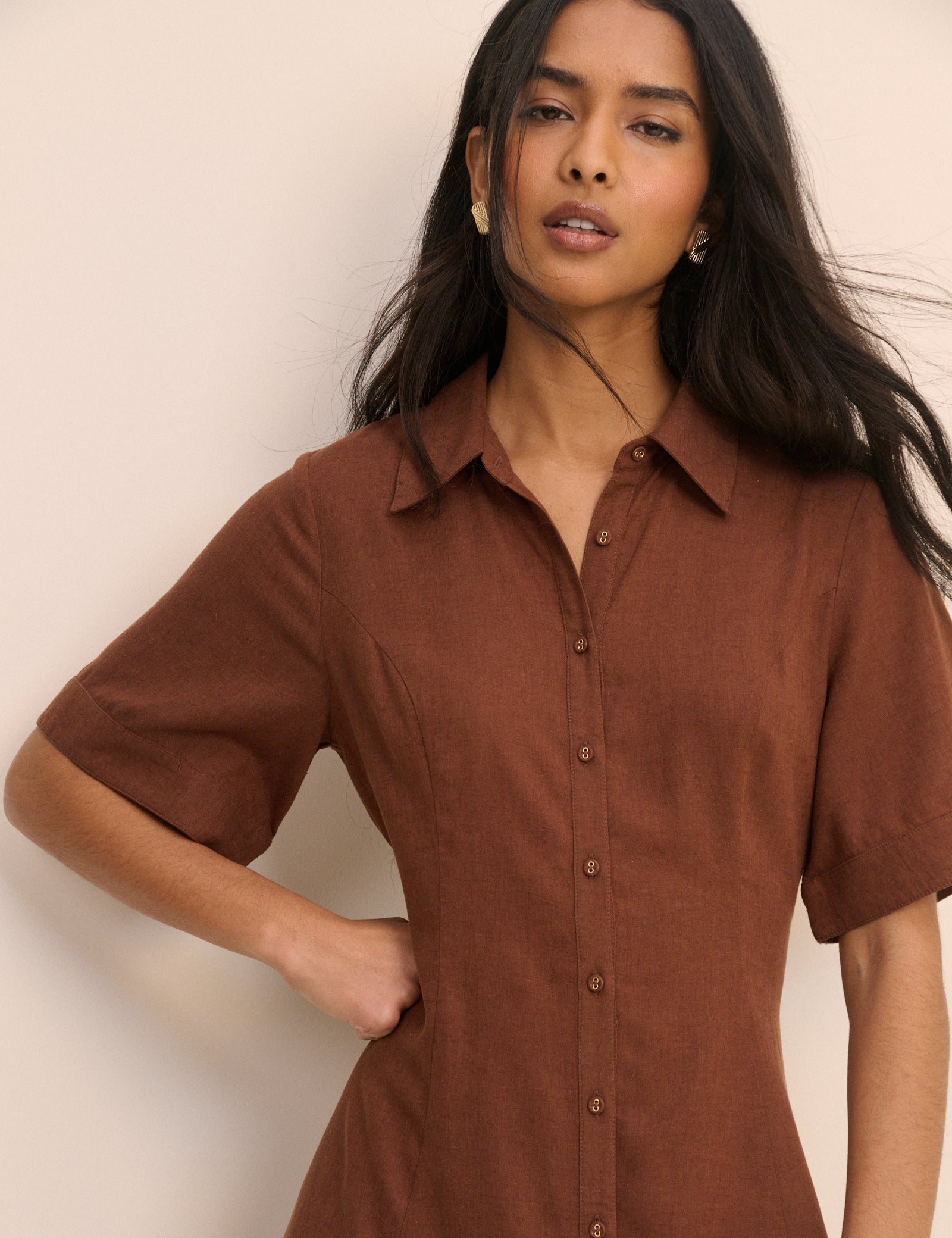 Brown Short Sleeve Linen-Blend Dillon Shirt Dress Brown Short Sleeve Linen-Blend Dillon Shirt Dress