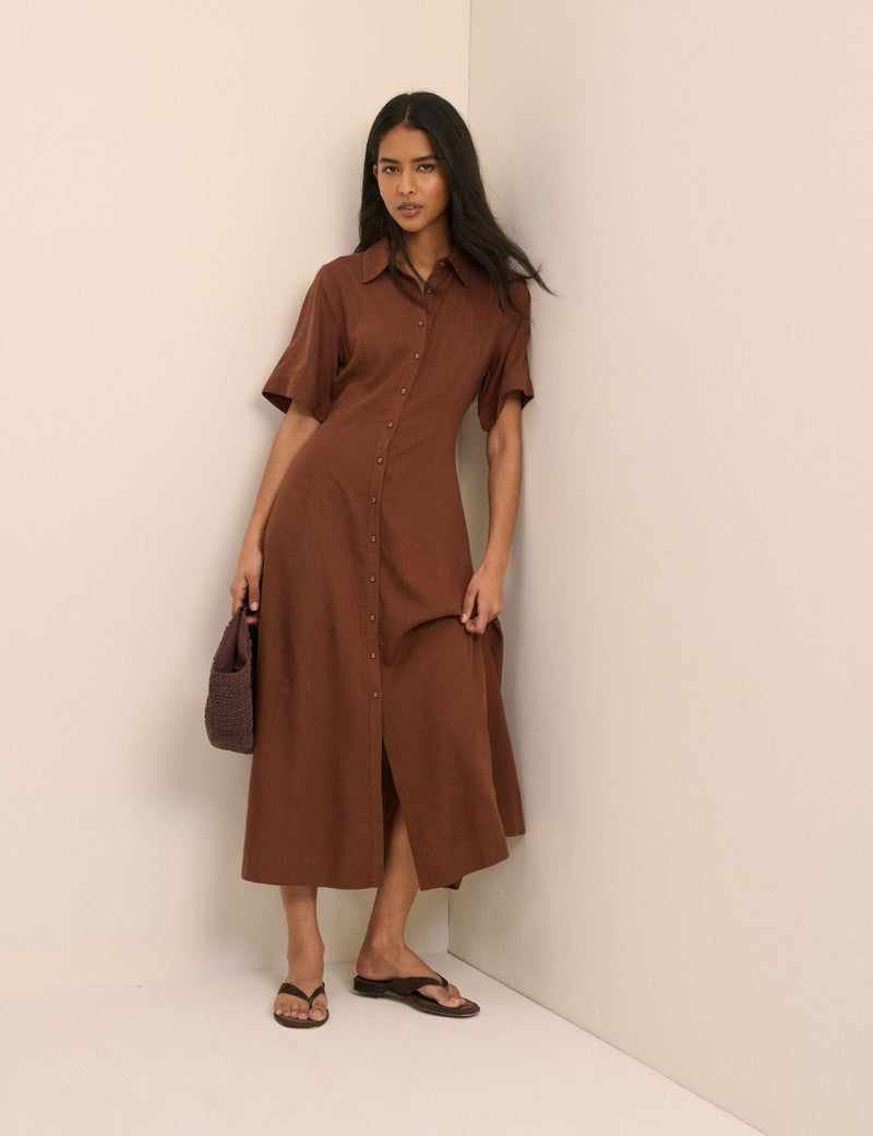 Brown Short Sleeve Linen-Blend Dillon Shirt Dress
