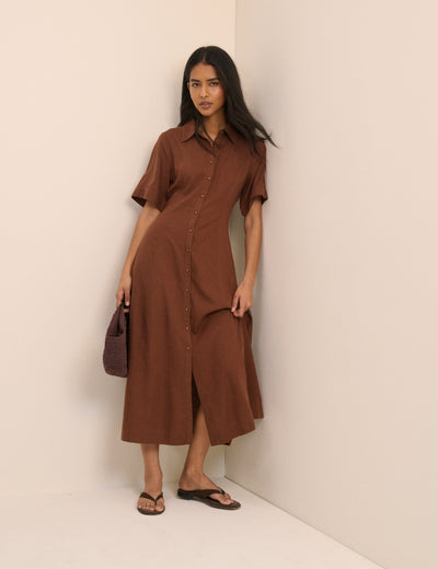 Brown Short Sleeve Linen-Blend Dillon Shirt Dress