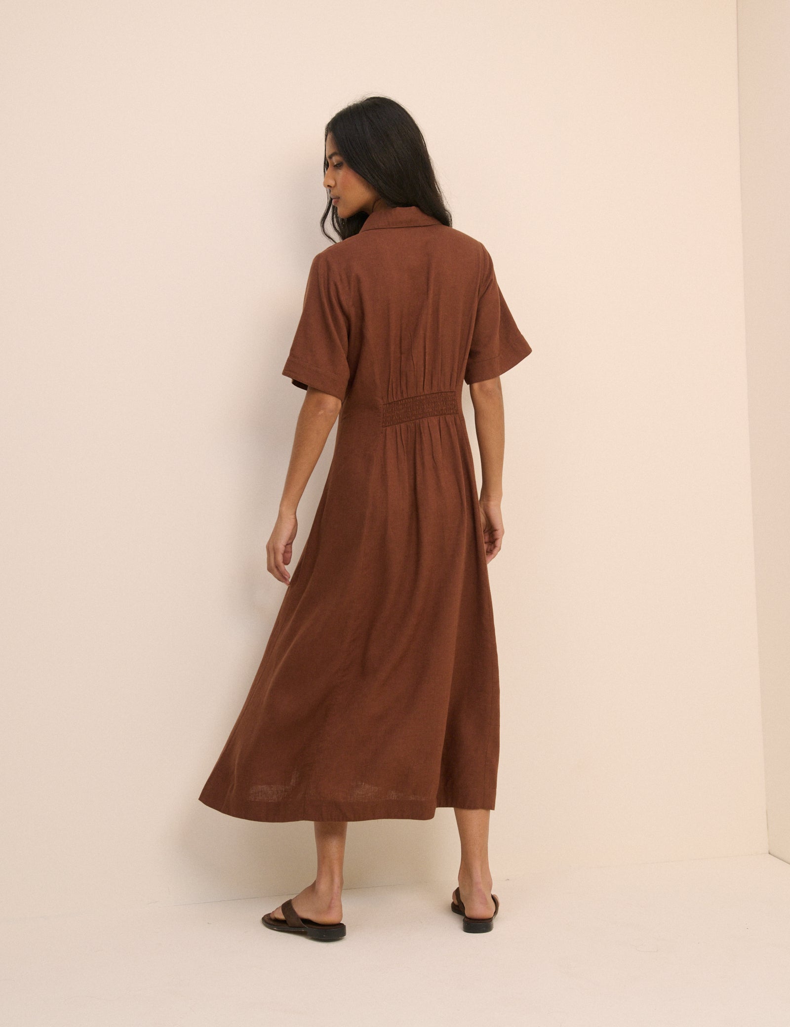Brown Short Sleeve Linen-Blend Dillon Shirt Dress