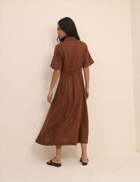 Brown Short Sleeve Linen-Blend Dillon Shirt Dress