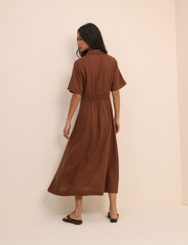 Brown Short Sleeve Linen-Blend Dillon Shirt Dress