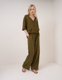 Khaki Green Linen-Blend Straight Leg Trousers