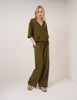 Khaki Green Linen-Blend Straight Leg Trousers