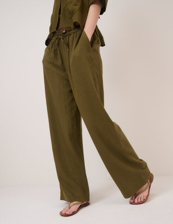 Khaki Green Linen-Blend Straight Leg Trousers