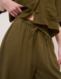 Khaki Green Linen-Blend Straight Leg Trousers