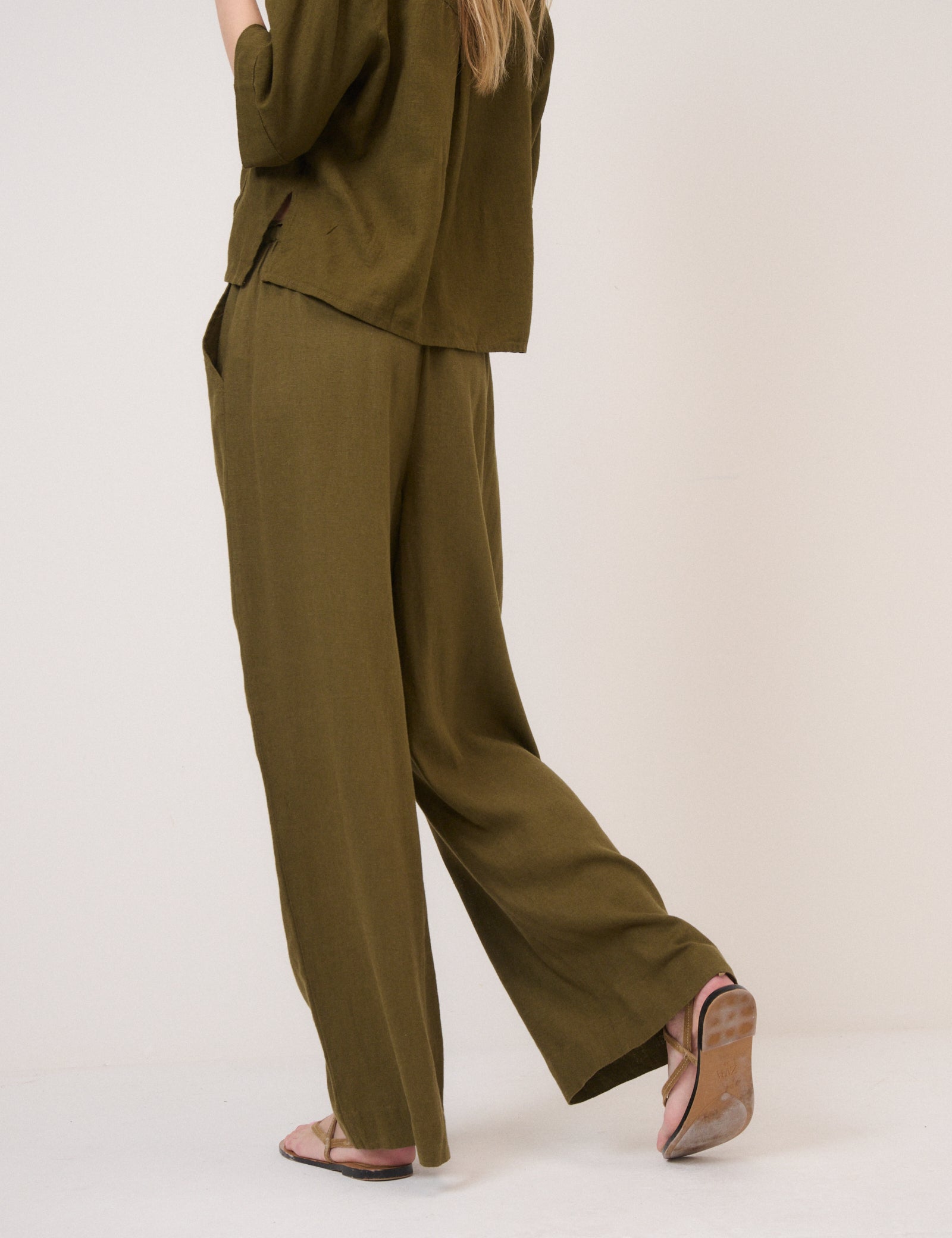 Khaki Green Linen-Blend Straight Leg Trousers