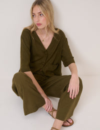 Khaki Green Linen-Blend Straight Leg Trousers