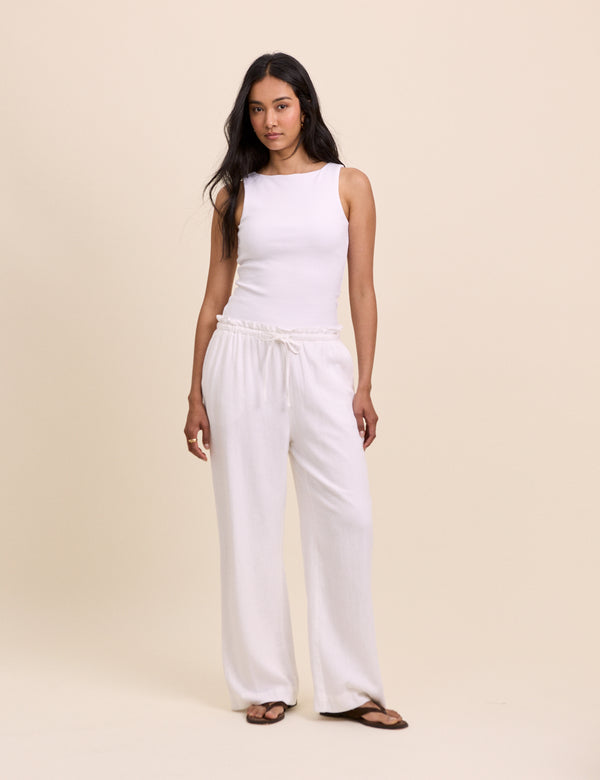 White Linen-Blend Straight Leg Trousers